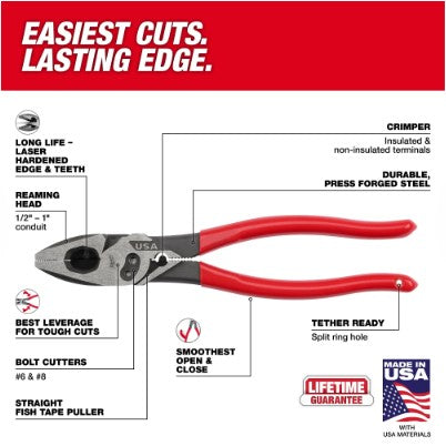 **Made in the USA Product** Milwaukee 9" Lineman's Pliers w/Crimper & Bolt Cutter, Dipped Handle