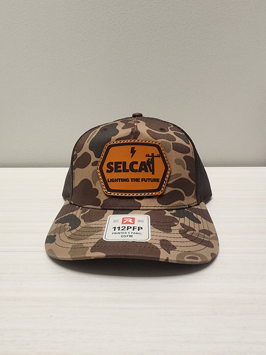 SELCAT Lighting the Future Leather Patch logo Richardson Five Panel Printed Trucker Cap-112PFP