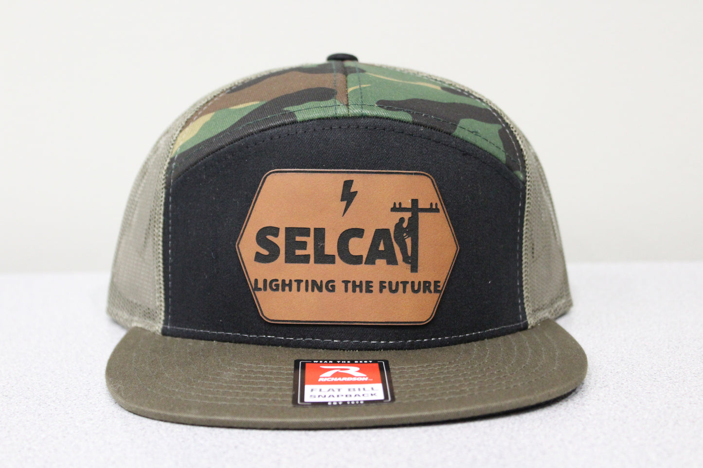 Adult Size SELCAT Logo Hat Green/Camo Leather Patch Lighting the Future